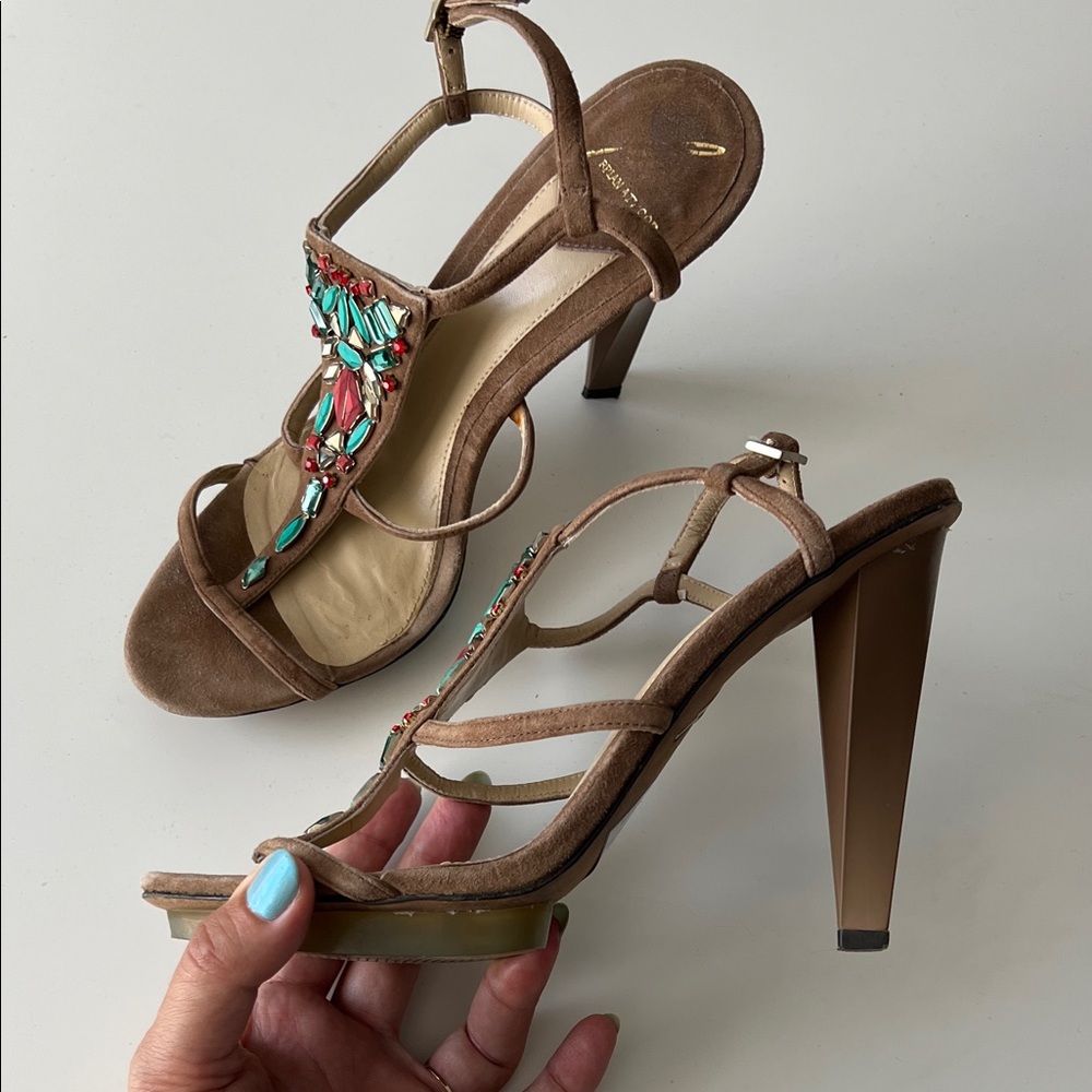 B Brian Atwood Brown Suede Donosa Jeweled Ankle Strap Sandal  7.5